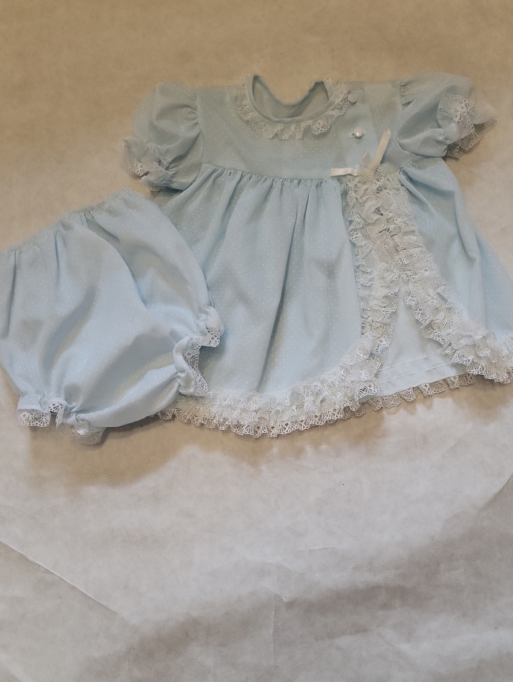 Vintage light blue lacey baby dress & diaper cover set